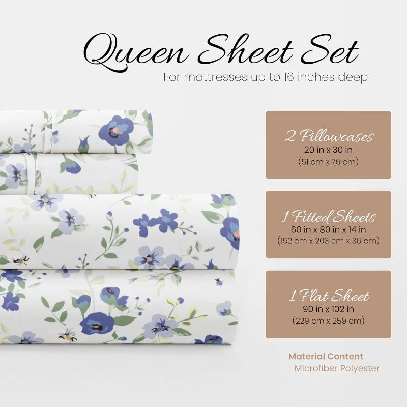 4 Piece Queen Sheet Set Light Blue Floral Soft Cooling
