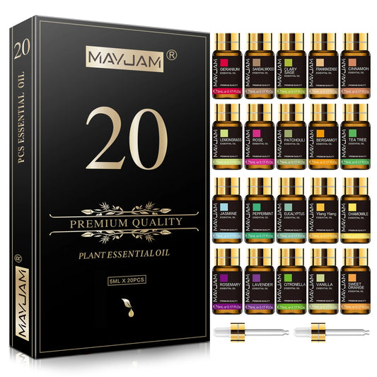 MAYJAM 20 Bottles Essential Oils Kit Set Lavender Jasmine Eucalyptus Vanilla Sandalwood Sweet Orange Geranium Patchouli 5ml