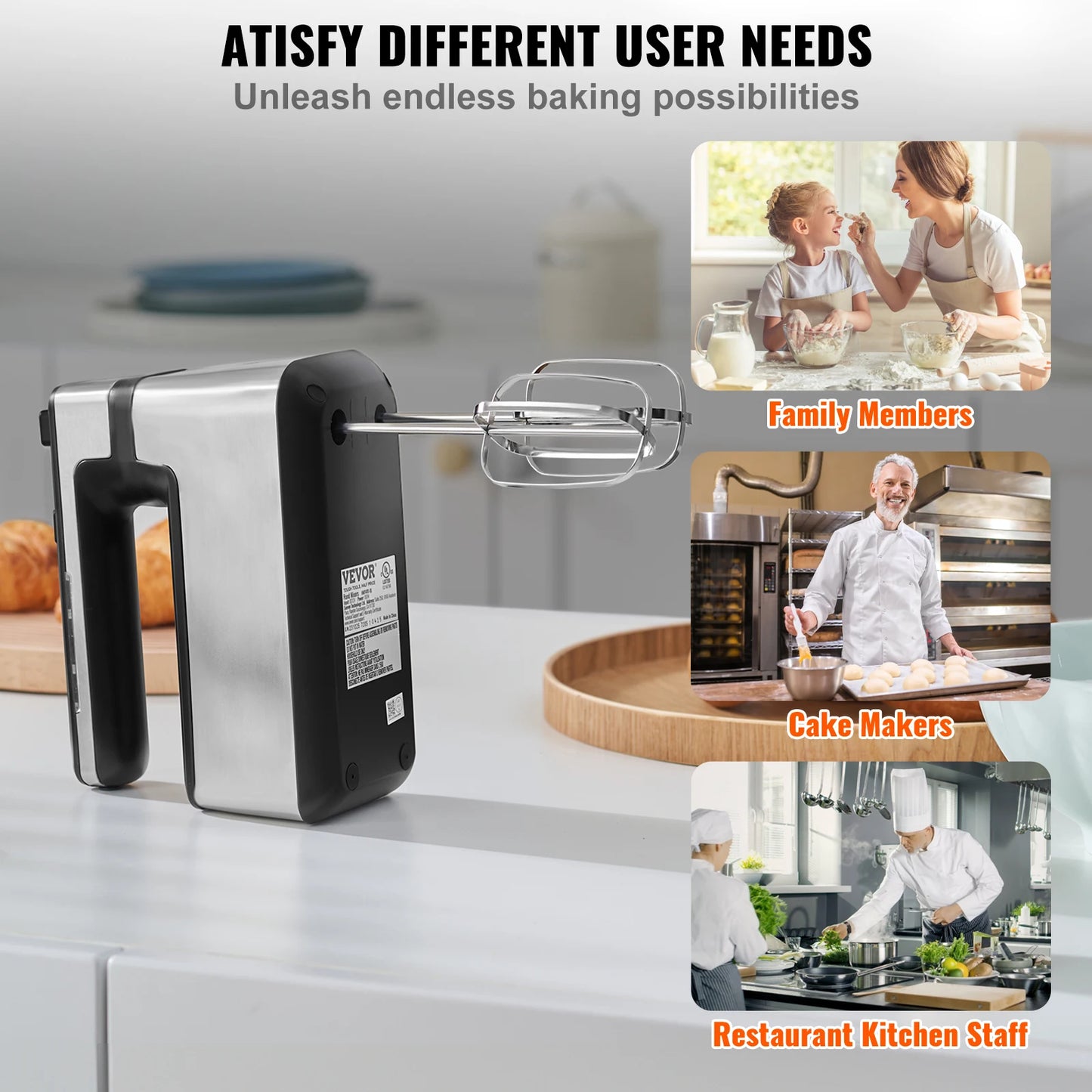 VEVOR Cordless Electric Hand Mixer 5 Gear Speed Handheld Mixer for Baking Whipping Mixing Eggs Cookies Cakes Cream