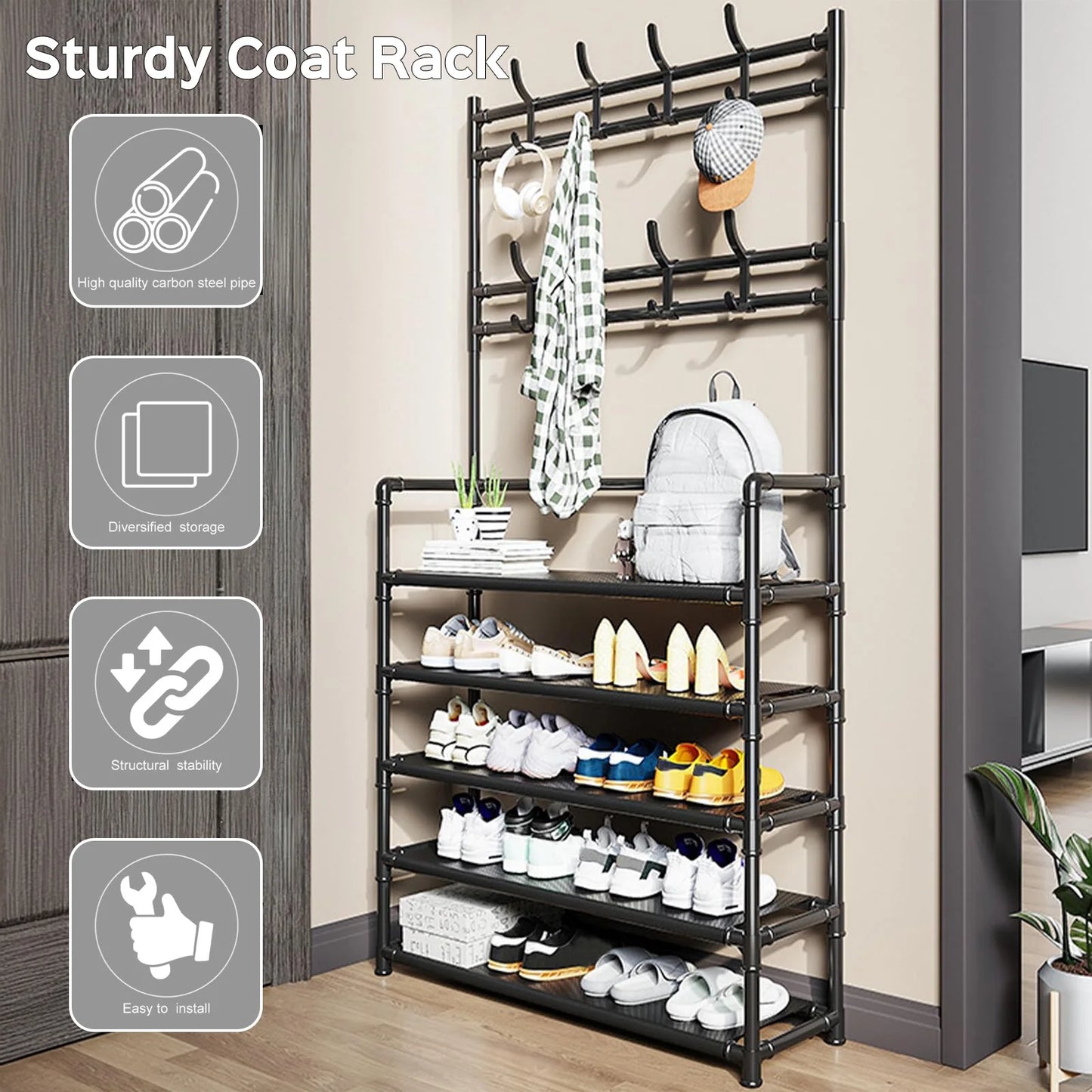 Coat Rack With Shoe Rack Organizer 3 In 1 Metal Hall Tree