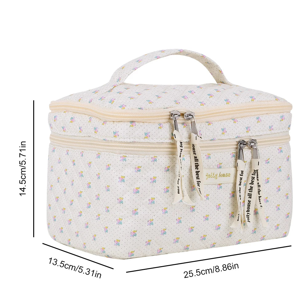 Double Layer Coquette Makeup Bag Floral Cotton Toiletry Bag