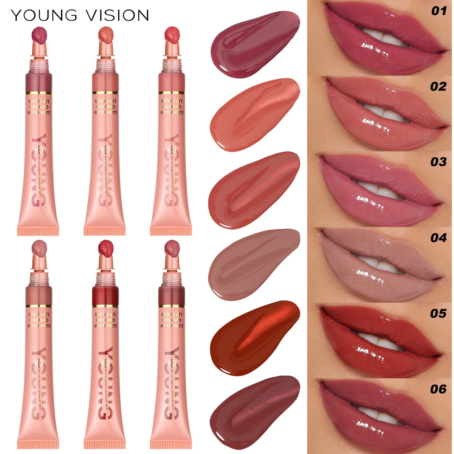 Young Vision 6 Color Liquid Water Shine Plush Brush Head Lip Gloss Vivid Shine Moisturizing Smooth Long Lasting Lip Glaze 10ml