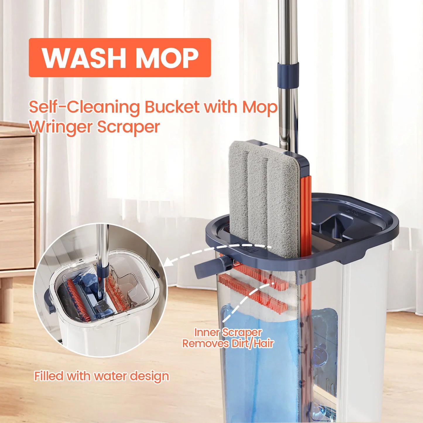 Floor Flat Squeeze Mop with Bucket Hand Free Lazy Cleaning Mop Microfiber 360 Rotating Self Wringing Mop for House Cleaning
