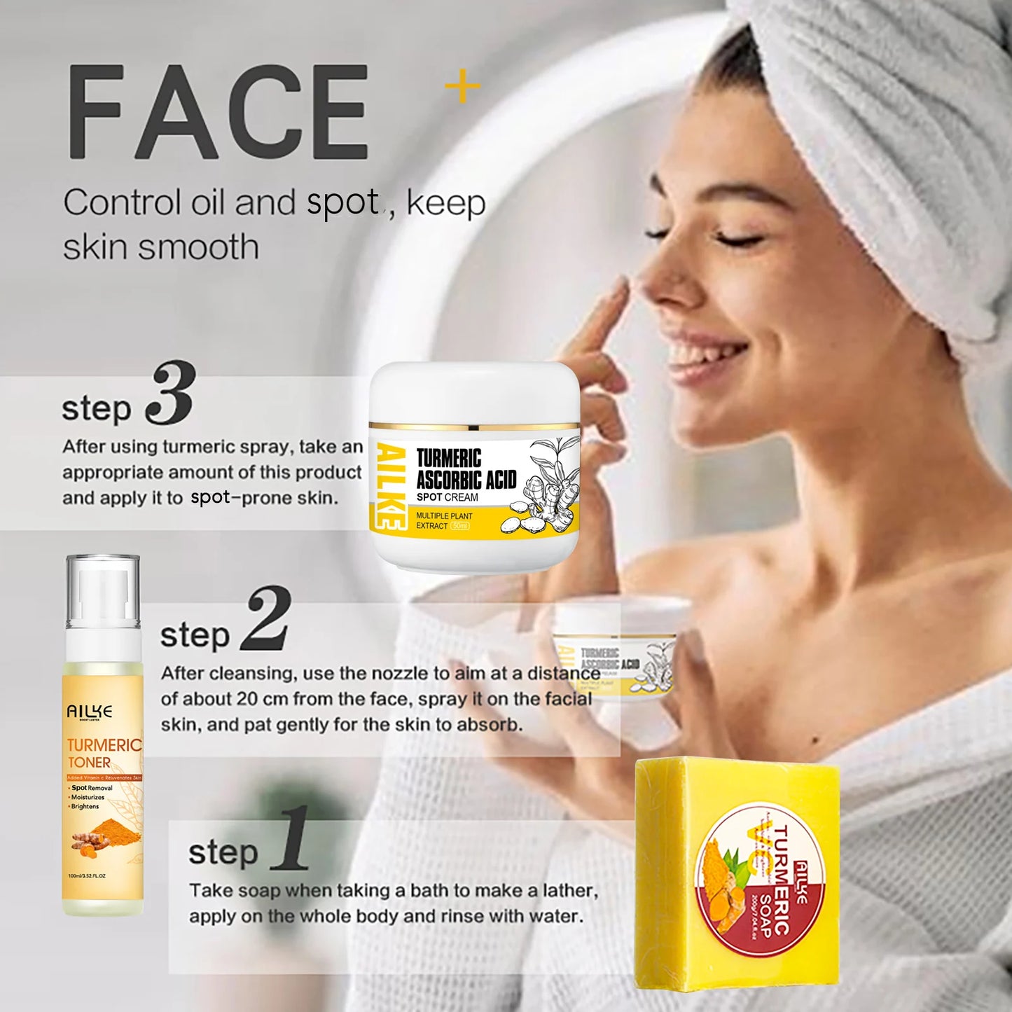Ailke Organic Turmeric Skin Care Set for Acne Reduction Skin Cleansing Exfoliation Whitening Even Skin Tone and Dry Skin Improvement