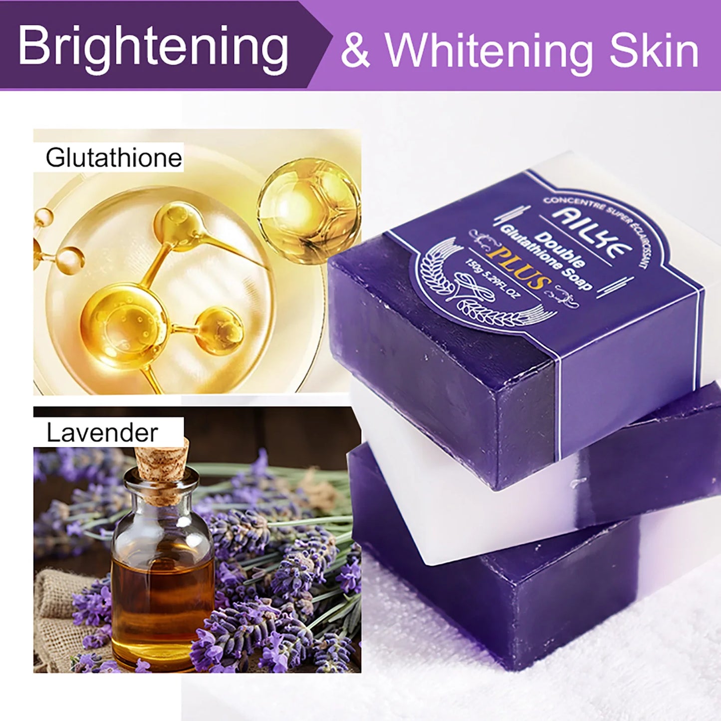 AILKE Double Glutathione Plus Whitening Soap Bar for Dark Spots Cleansing and Moisturizing with Natural Lavender Scent for Face and Body