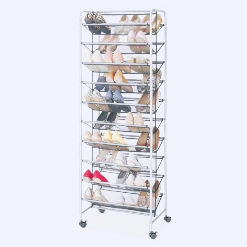 10 Tier 60 Pair Metal and Mesh Rolling Shoe Rack Everyday Home Shoe Storage