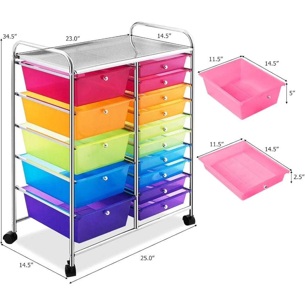 15-Drawer Rolling Storage Cart for Home Office and School Use