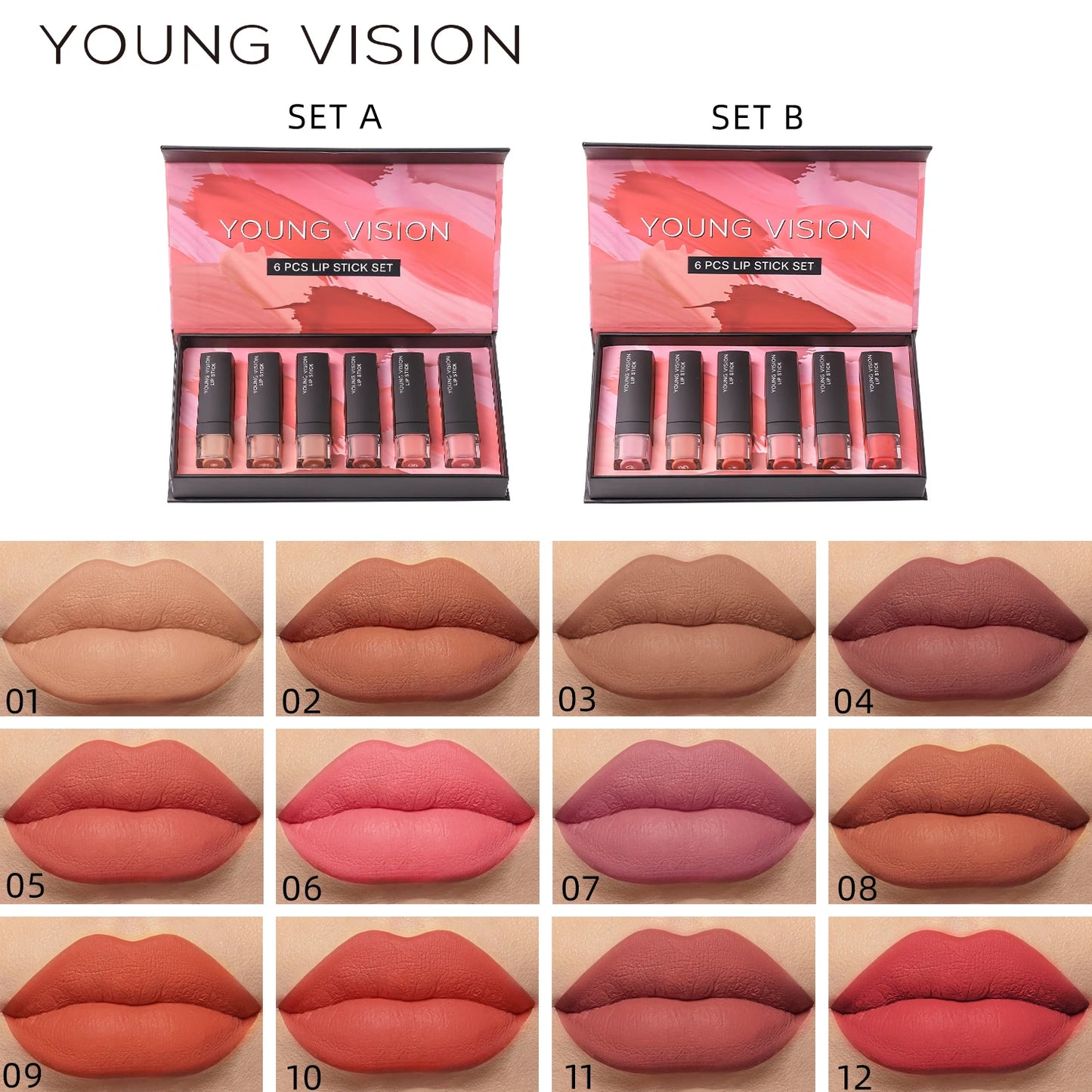 Young Vision 6 Matte Velvet Lipstick Set Waterproof Non Fade Silky Mud Feeling White Thin Translucent Light Lip Glaze Set