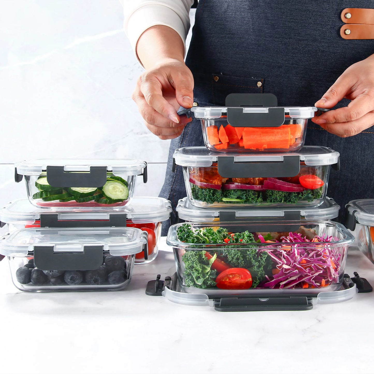 8 Piece Glass Food Storage Containers Set BPA Free Leakproof Microwave and Oven Safe 6 Sizes Borosilicate Glass Lock Lid