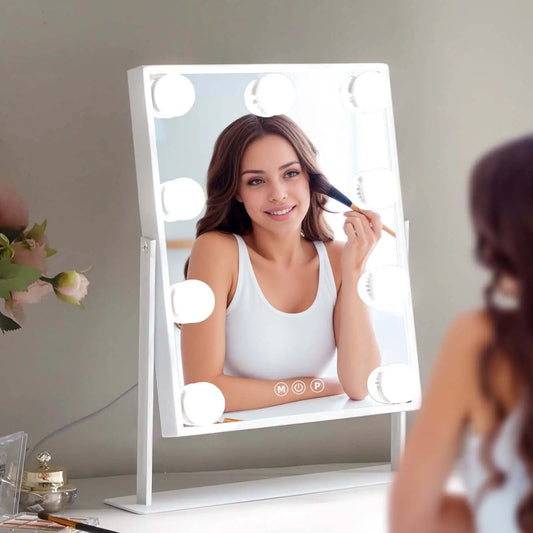 Illuminated Vanity Mirror with 9 LED Bulbs Detachable 10x Magnifier 3 Color Illumination Modes 360 Degree Swivel