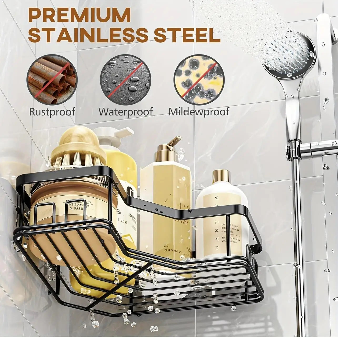 Adhesive Shower Caddy No Drilling Rustproof Stainless Steel