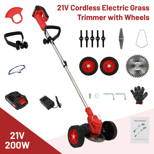 Grass Trimmer Cordless Electric Weed Wacker 21V with Wheels Battery Powered Lightweight Brush Cutter Edger for Lawn and Garden