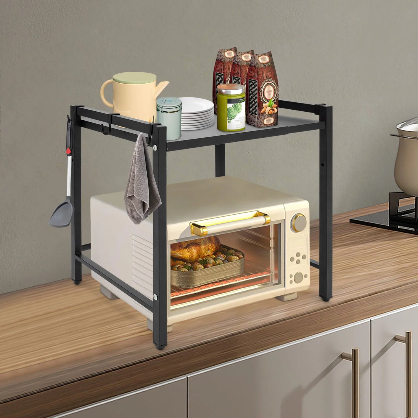 Bymaocar 2 Tiers Adjustable Microwave Stand Black Extendable Oven Shelf Wear Resistant Kitchen Countertop Organizer with Hooks