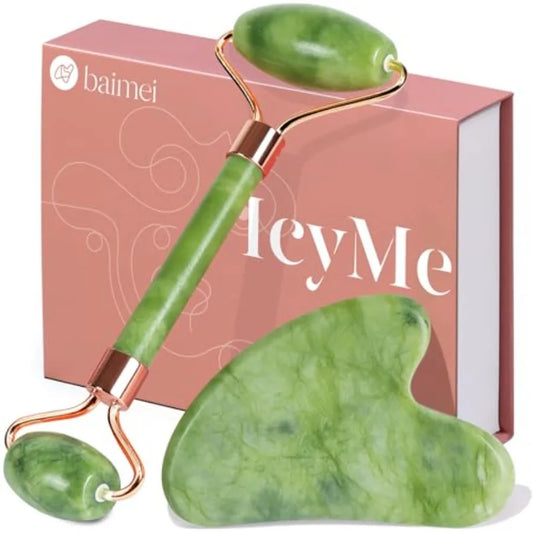 IcyMe Gua Sha Jade Roller Facial Tools Face Roller and Gua Sha Set for Puffiness and Redness Reducing Skin Care Routine