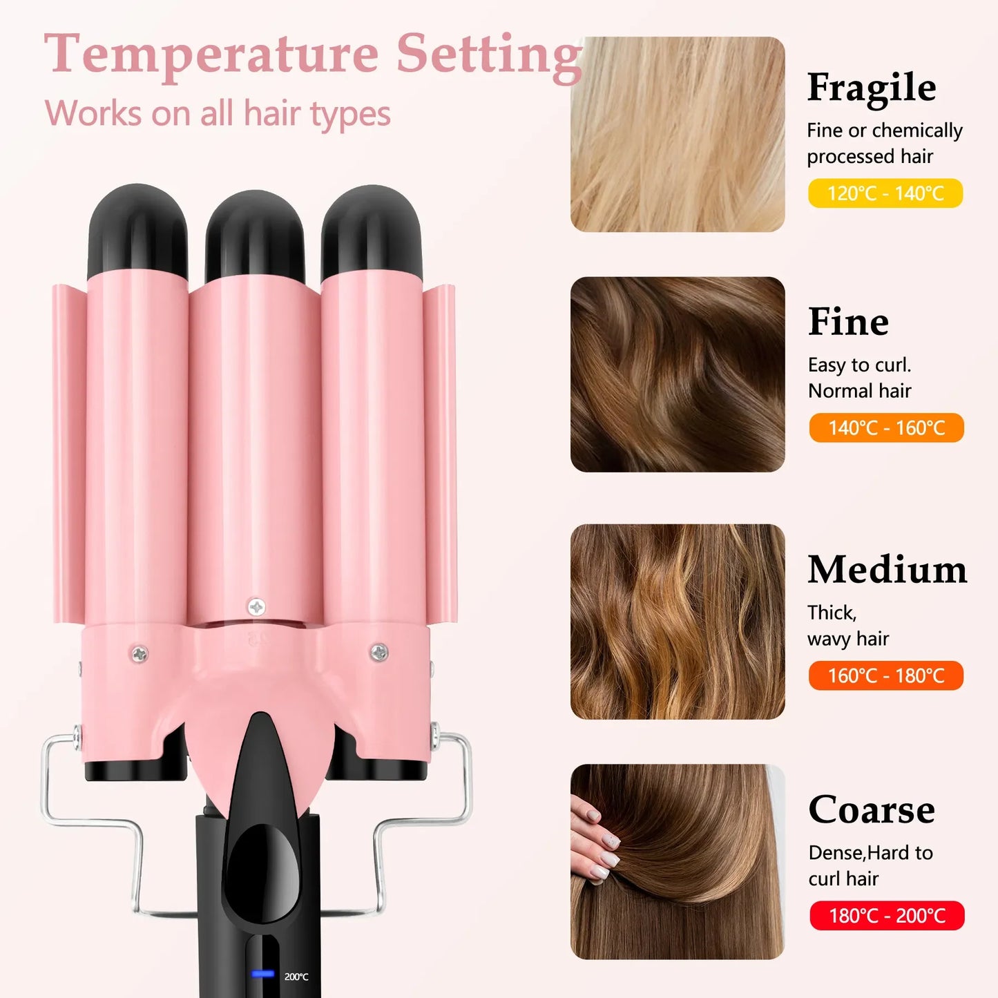 3 Barrel Curling Iron Hair Crimper Dual Voltage Ceramic Tourmaline Three Barrels Hair Waver 1 Inch Curler Wand Pink