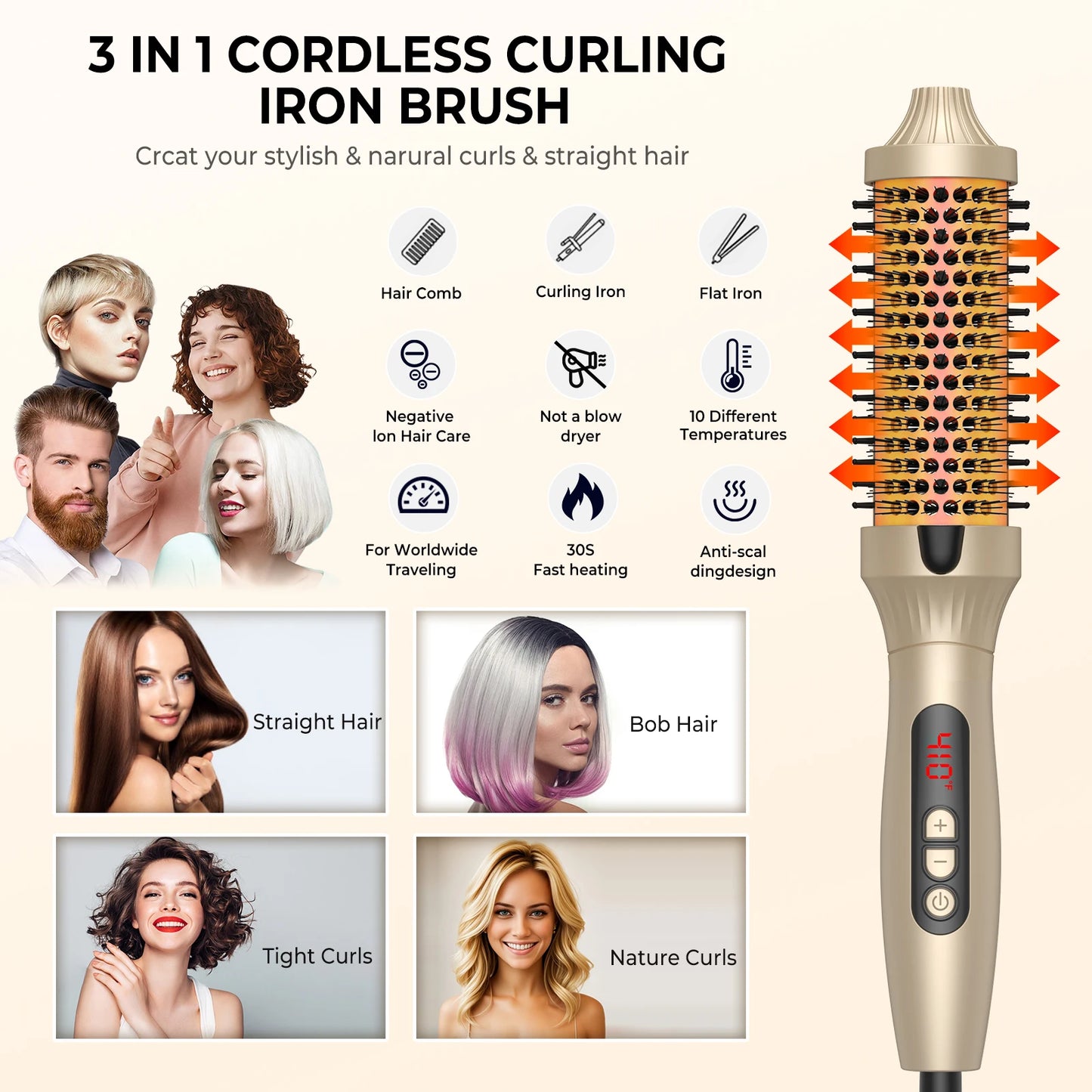 Thermal Brush One Step Hot Air Brush Volumizer Hair Curler Straightener Hair Styling Brush Professional Curling Iron Heated Gold
