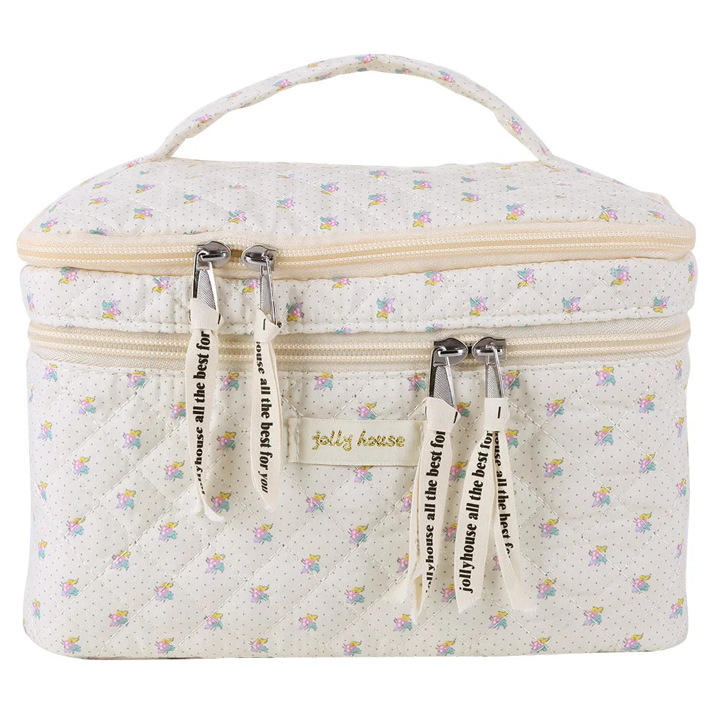 Double Layer Coquette Makeup Bag Floral Cotton Toiletry Bag