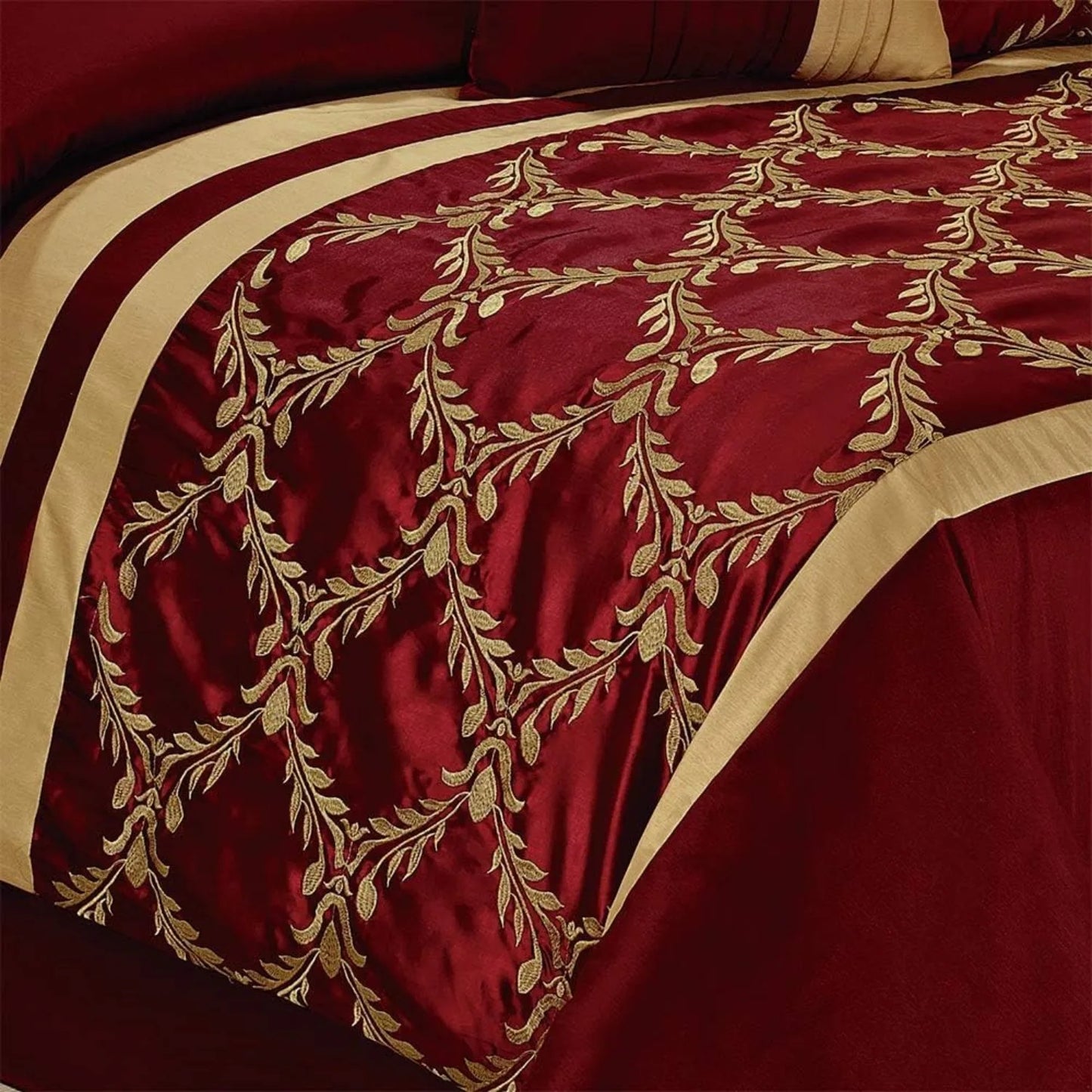 7 Piece King Burgundy Gold Faux Silk Comforter Set Lux