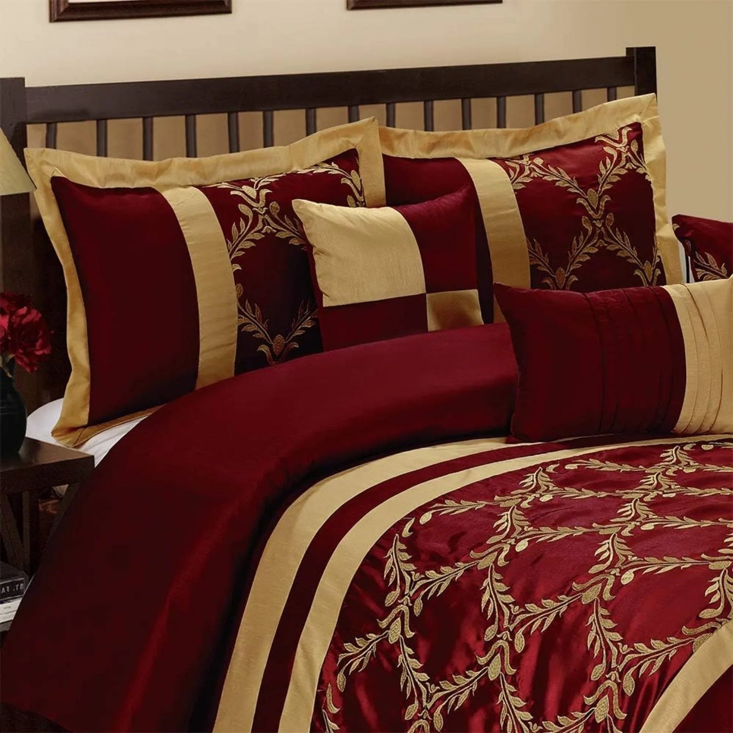 7 Piece King Burgundy Gold Faux Silk Comforter Set Lux