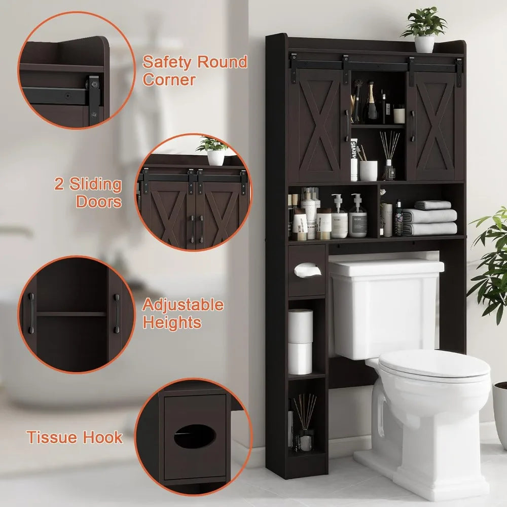 Farmhouse Toilet Cabinet With Sliding Doors And Toilet Paper