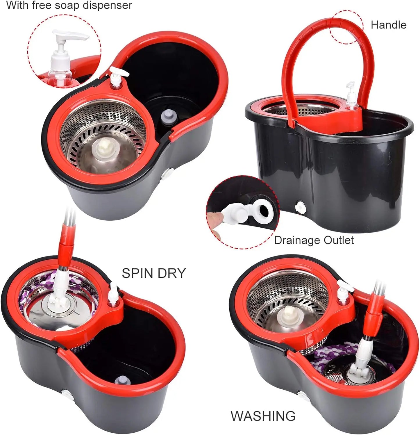 360 Spin Mop Bucket Set With Wring 3 Microfiber Heads