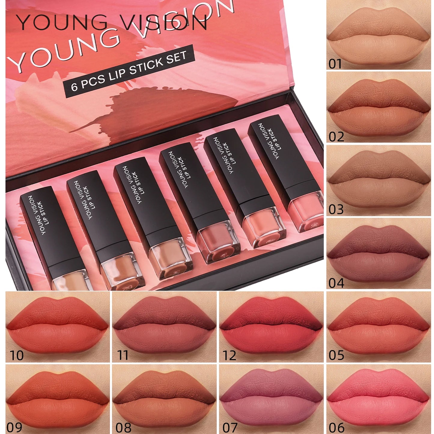Young Vision 6 Matte Velvet Lipstick Set Waterproof Non Fade Silky Mud Feeling White Thin Translucent Light Lip Glaze Set