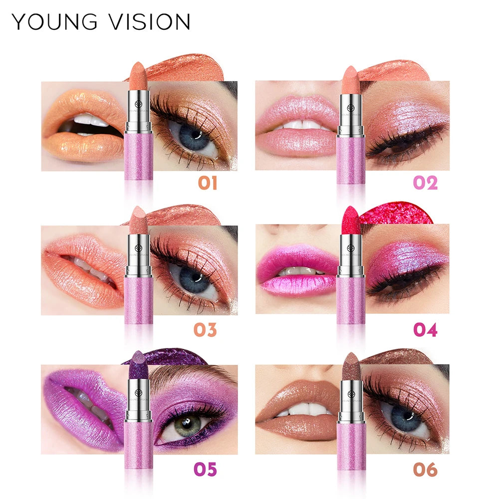 Young Vision Pearlized Shimmer Lipsticks and Eyeshadows Long Lasting Fade Resistant Warm Change Lipsticks 6g