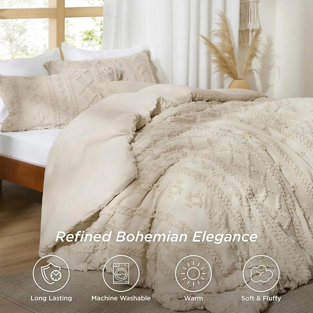 Boho Queen Comforter Set 3 Pieces Embroidered Bedding