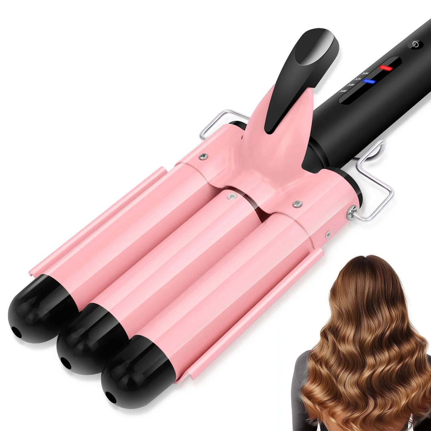 3 Barrel Curling Iron Hair Crimper Dual Voltage Ceramic Tourmaline Three Barrels Hair Waver 1 Inch Curler Wand Pink