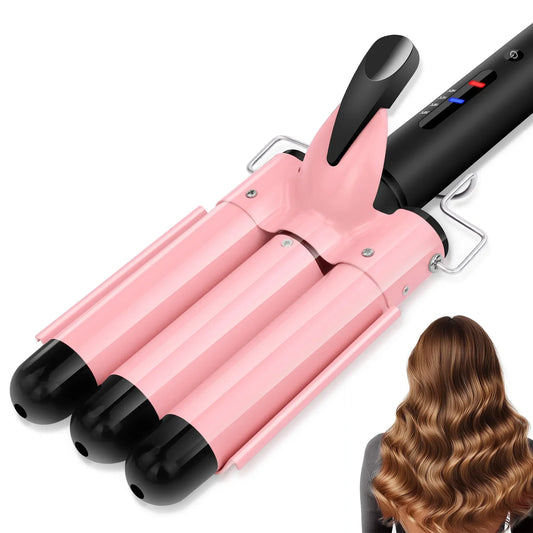 3 Barrel Curling Iron Hair Crimper Dual Voltage Ceramic Tourmaline Three Barrels Hair Waver 1 Inch Curler Wand Pink