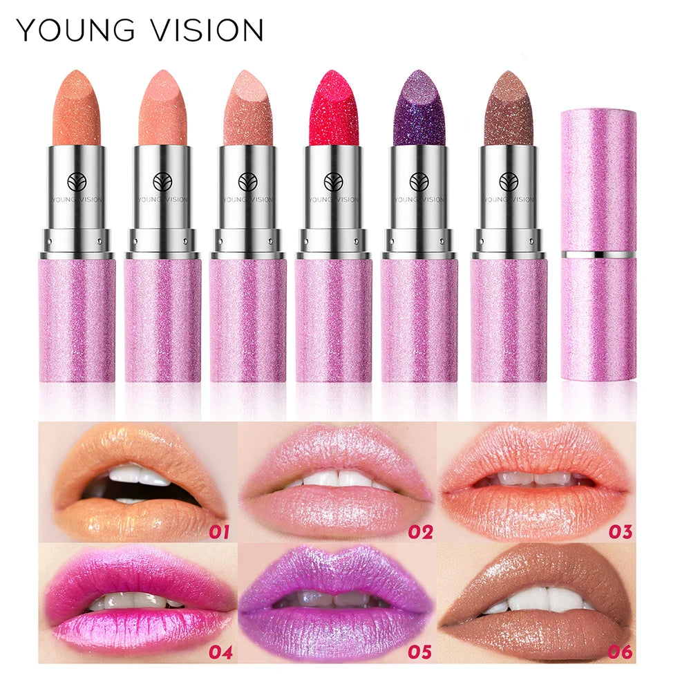 Young Vision Pearlized Shimmer Lipsticks and Eyeshadows Long Lasting Fade Resistant Warm Change Lipsticks 6g