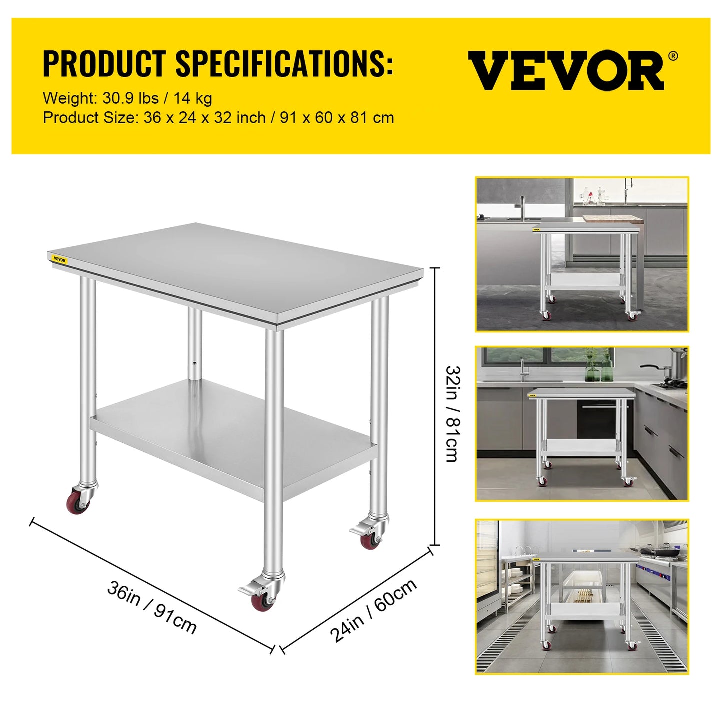 SucceBuy Stainless Steel Kitchen Work Table With Wheels