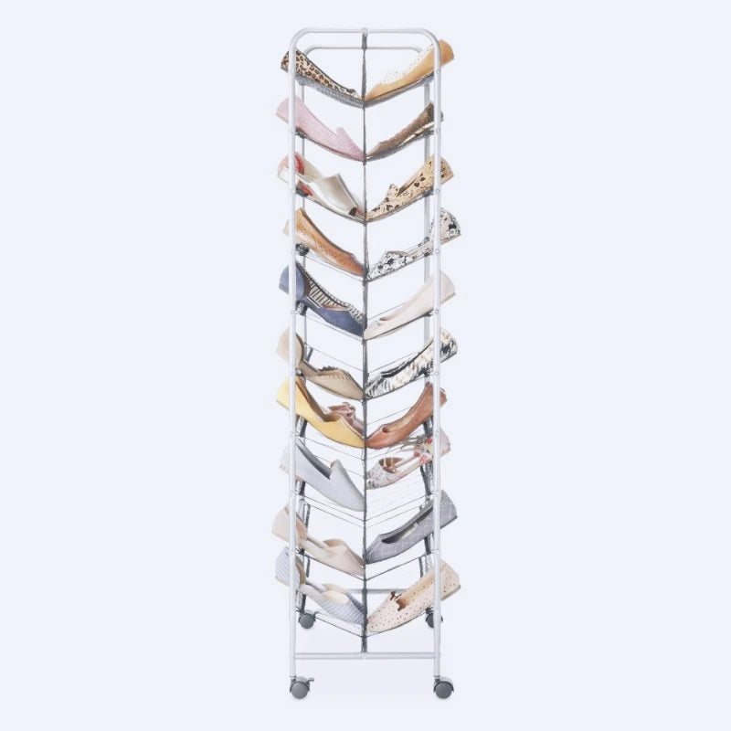 10 Tier 60 Pair Metal and Mesh Rolling Shoe Rack Everyday Home Shoe Storage