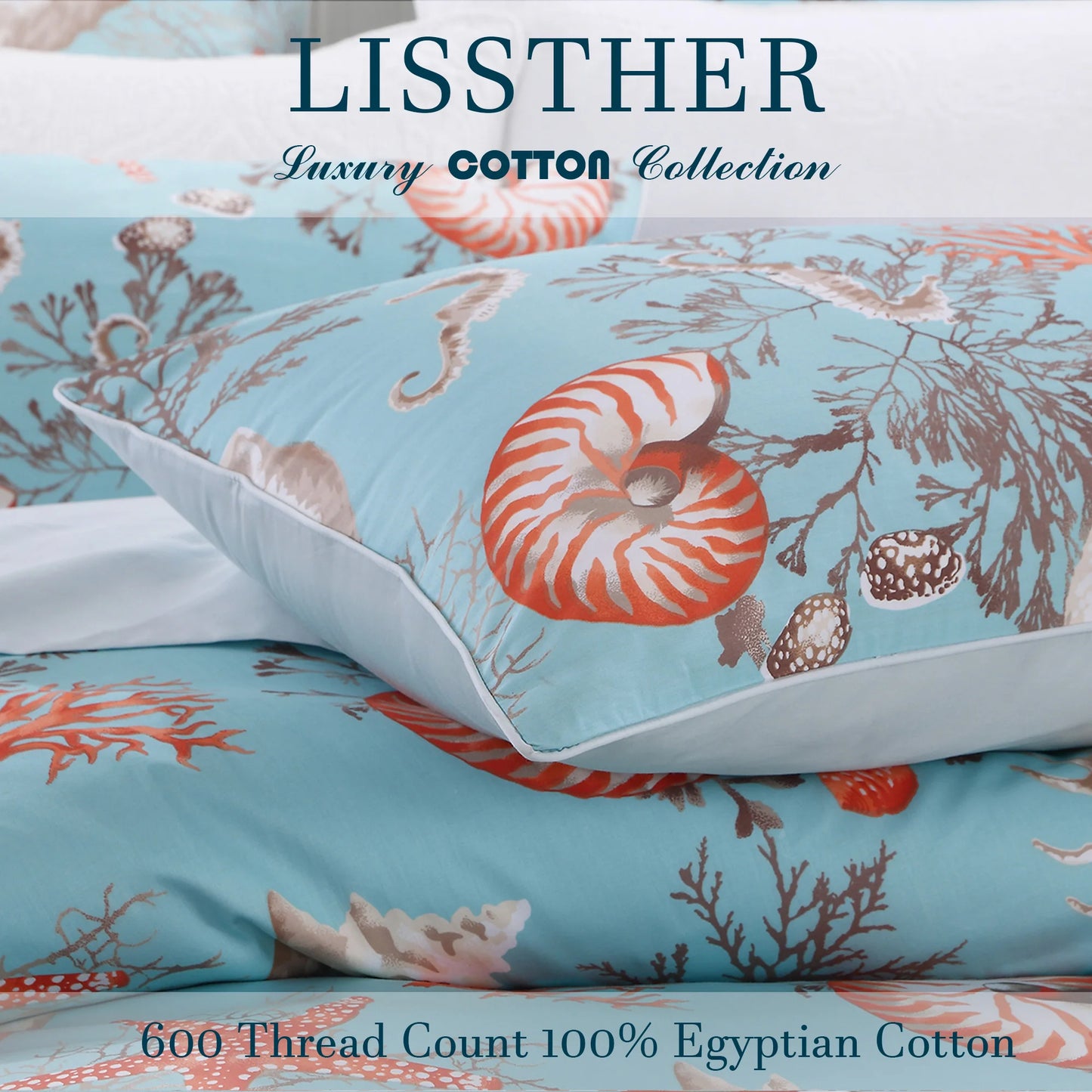 3pcs 600TC 100% Egyptian Cotton Duvet Cover Set, Vintage Blue Underwater Theme, Soft Skin-Friendly (No Inserts)