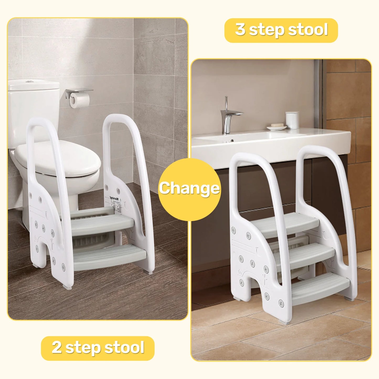 Toddler Step Stool for Bathroom Sink, Kids 3 Step Stool with Safety Handrail, Non-Slip Wide Pedals, Plastic Toddler Standing Tow