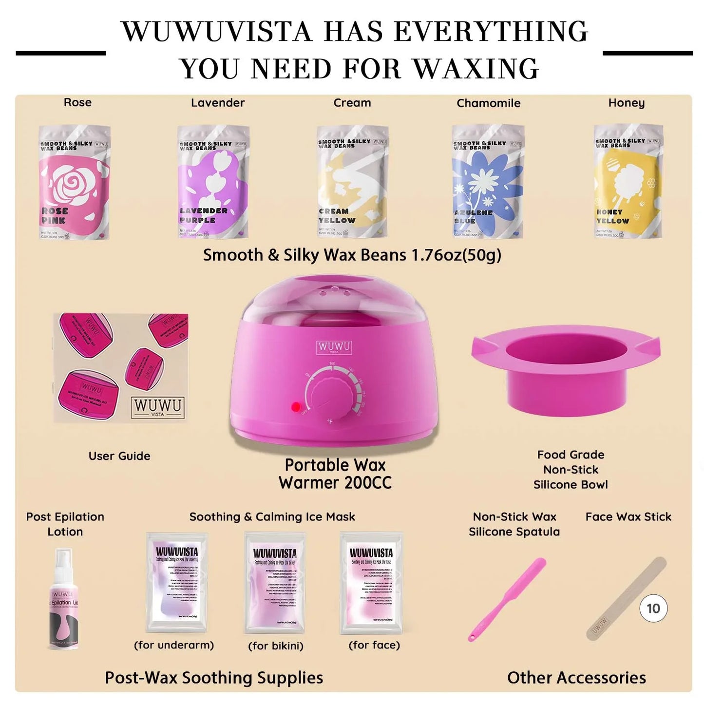 WUWUVISTA Waxing Kit 23 Items Christmas Gift Hard Wax Hair Removal Set with Wax Heater and Beans for Body Face Brazilian and Sensitive Skin