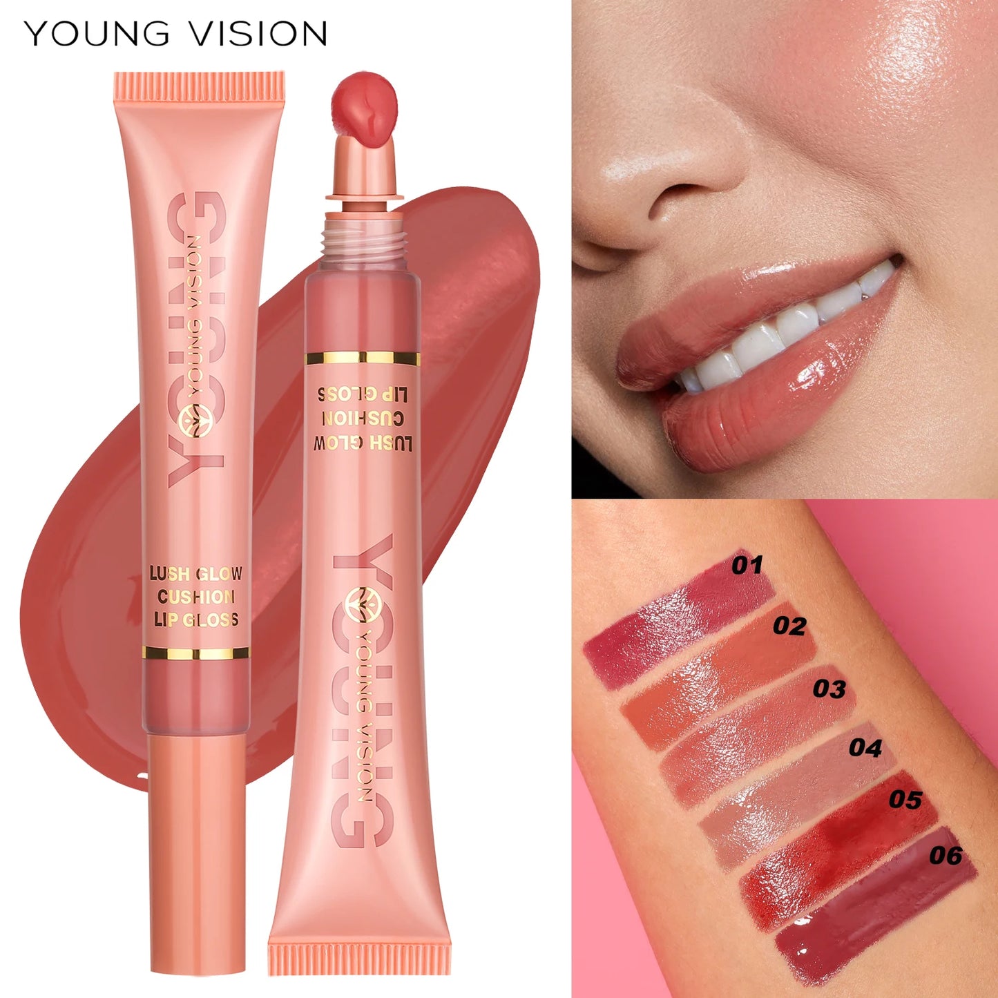 Young Vision 6 Color Liquid Water Shine Plush Brush Head Lip Gloss Vivid Shine Moisturizing Smooth Long Lasting Lip Glaze 10ml