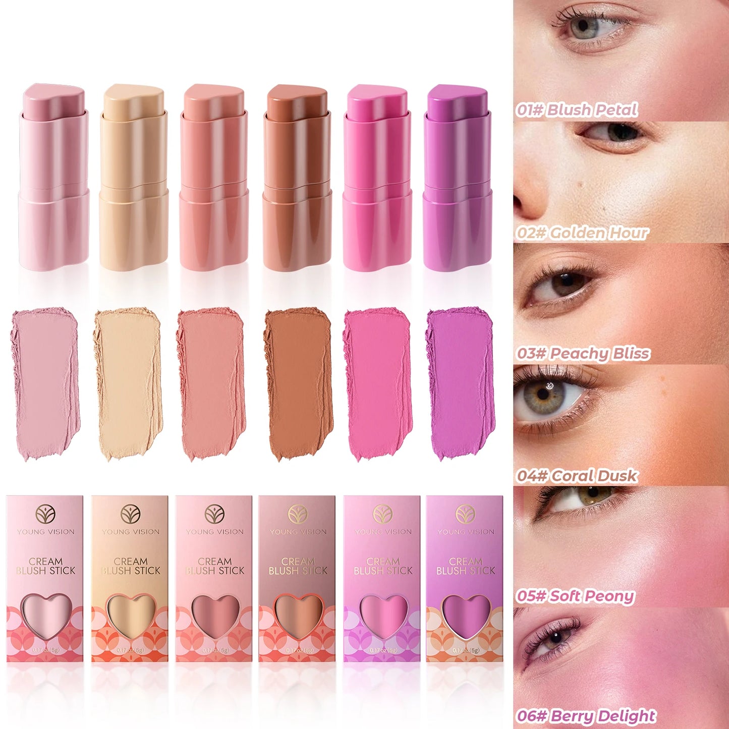 6 Color Heart Shaped Blush Stick Smooth Texture Long Lasting Blendable Natural Finish