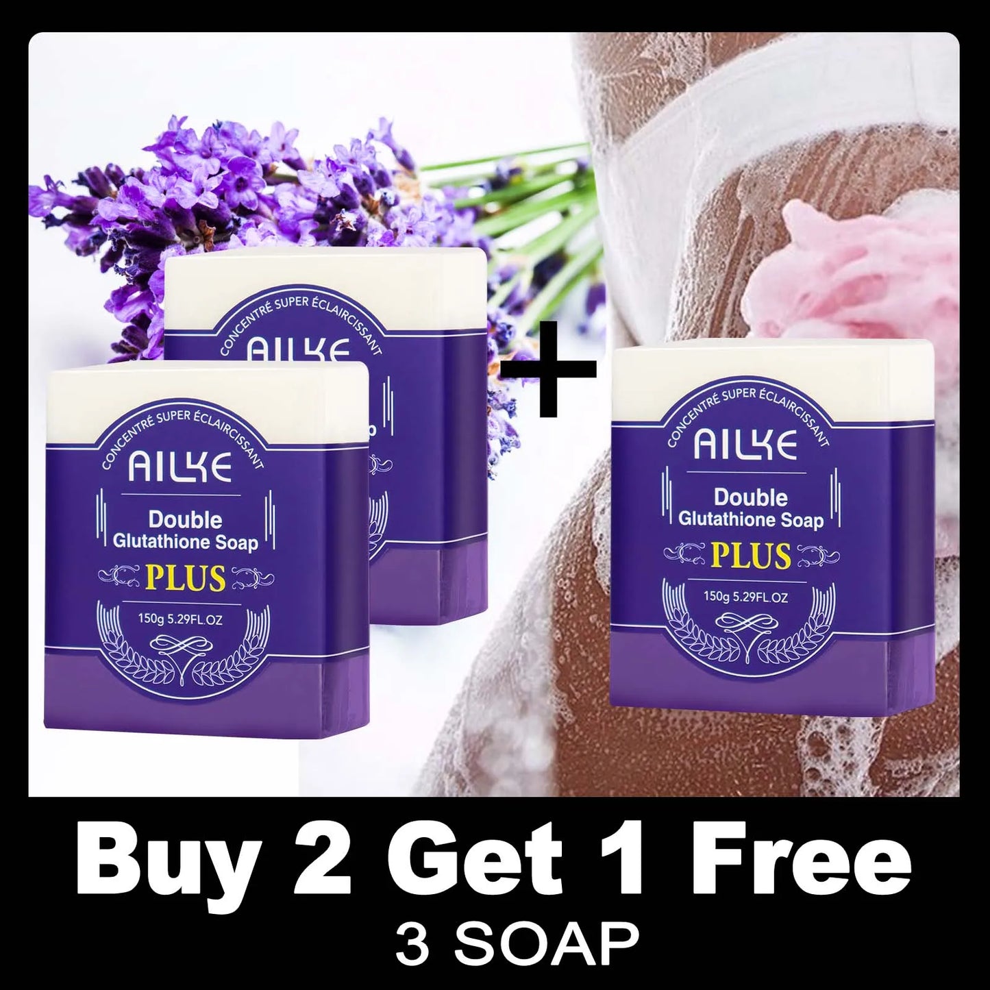 AILKE Double Glutathione Plus Whitening Soap Bar for Dark Spots Cleansing and Moisturizing with Natural Lavender Scent for Face and Body