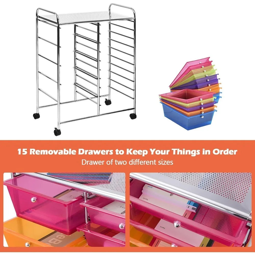 15-Drawer Rolling Storage Cart for Home Office and School Use