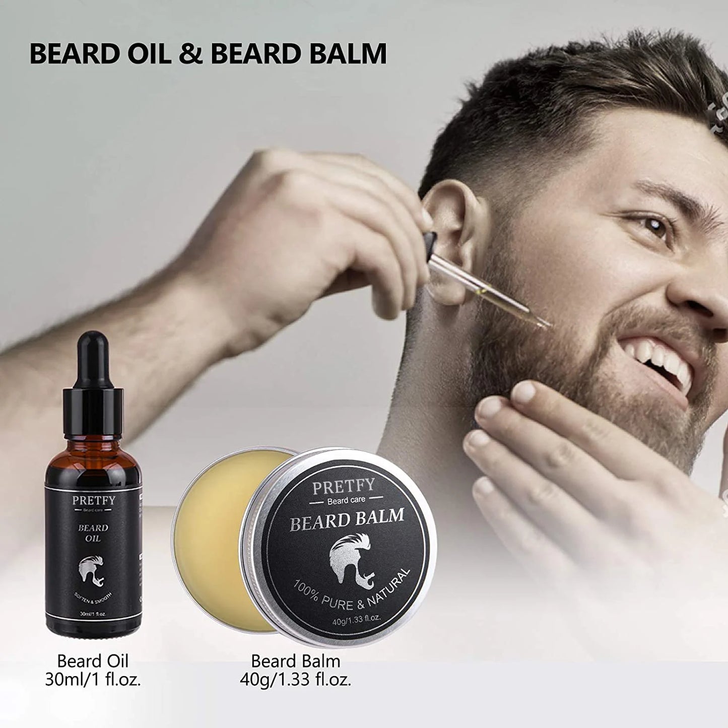 Pretfy Beard Grooming Kit 10 in 1 Beard Growth Kit with Beard Oil Balm Conditioner Shampoo and Roller