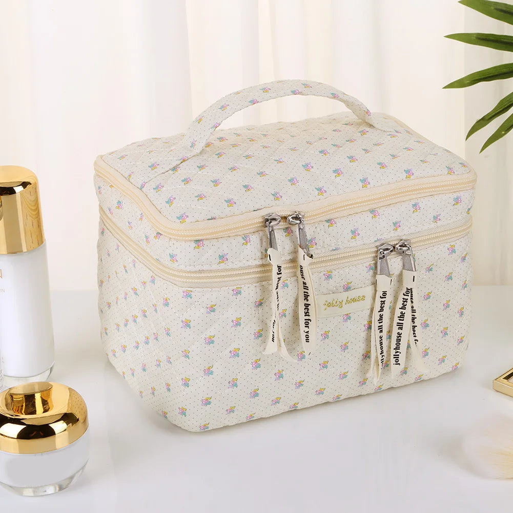 Double Layer Coquette Makeup Bag Floral Cotton Toiletry Bag