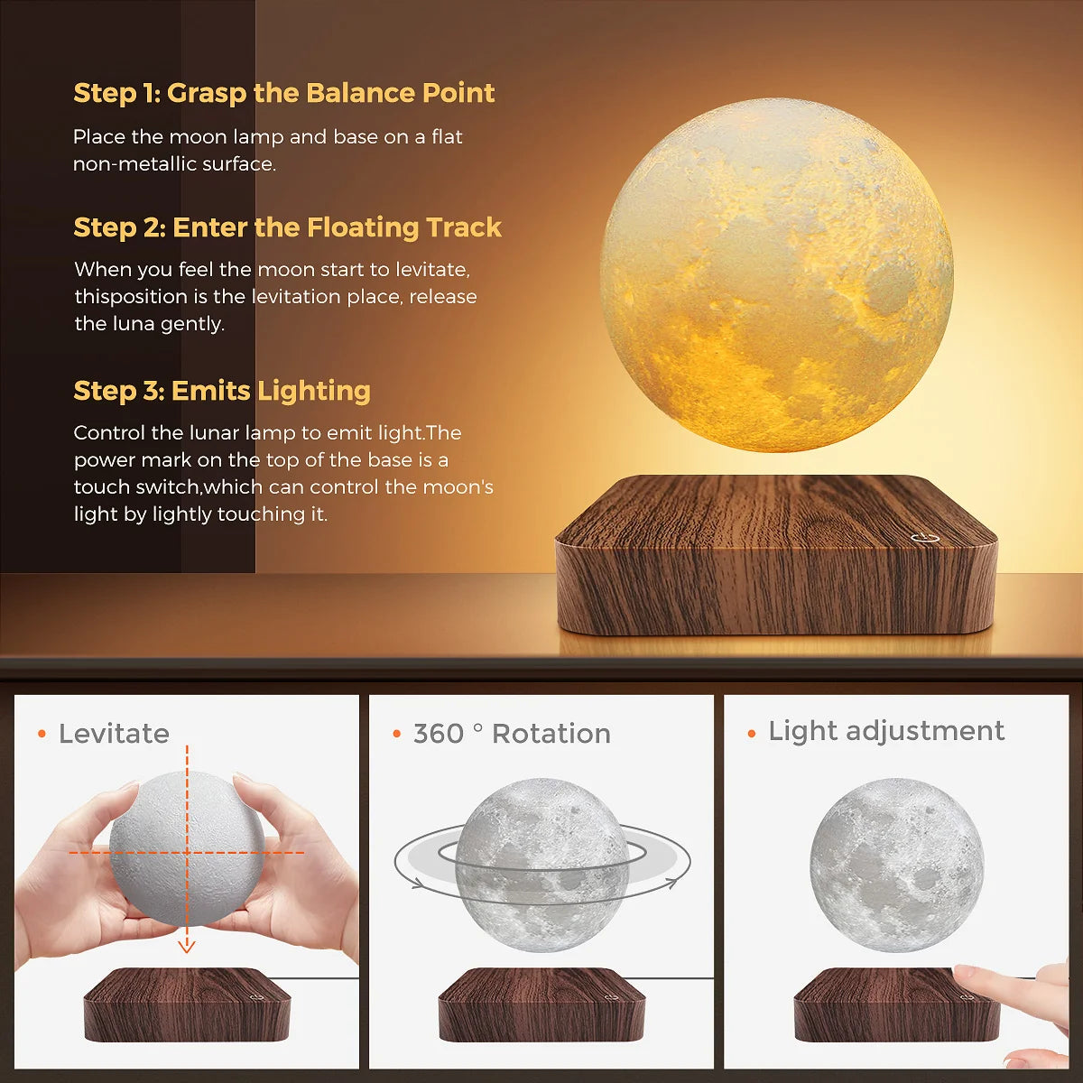 Magnetic Floating Moon Lamp With Wooden Base Night Light