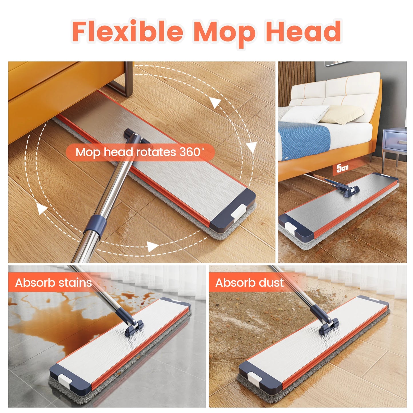 Floor Flat Squeeze Mop with Bucket Hand Free Lazy Cleaning Mop Microfiber 360 Rotating Self Wringing Mop for House Cleaning