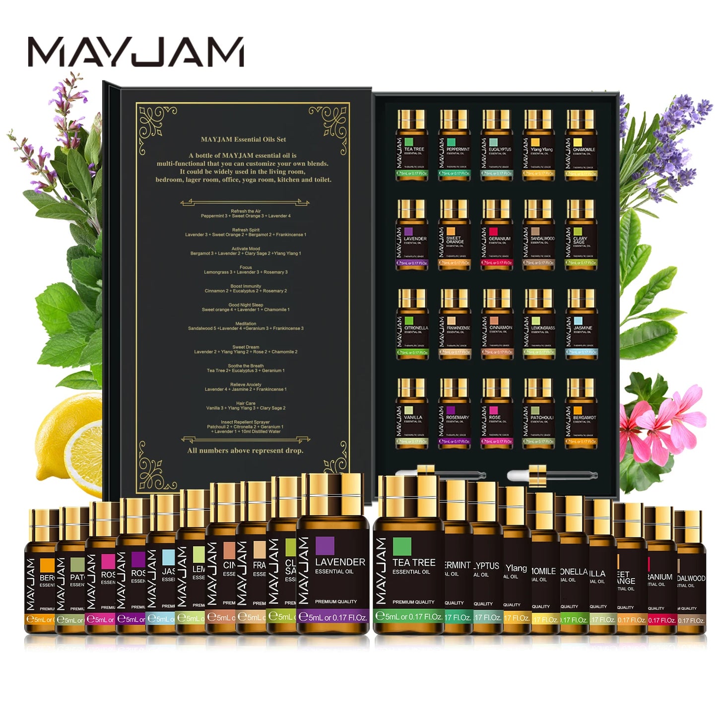MAYJAM 20 Bottles Essential Oils Kit Set Lavender Jasmine Eucalyptus Vanilla Sandalwood Sweet Orange Geranium Patchouli 5ml