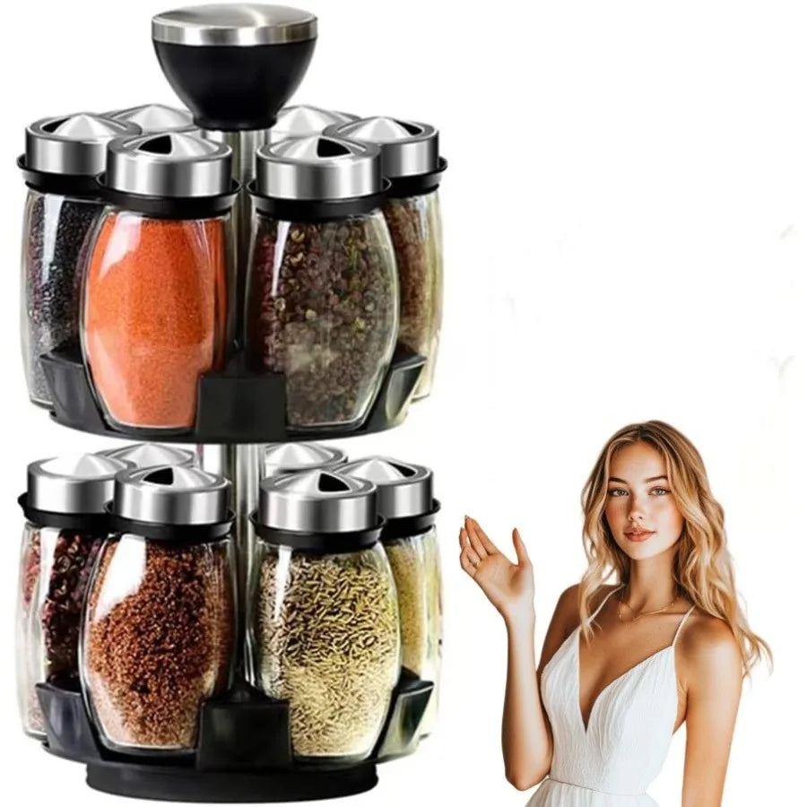 12 Glass Jar Bottles Set Revolving Spice Rack Organizer Storage for kitchen Spice Stand Holder Spinning Countertop Herb and Spi