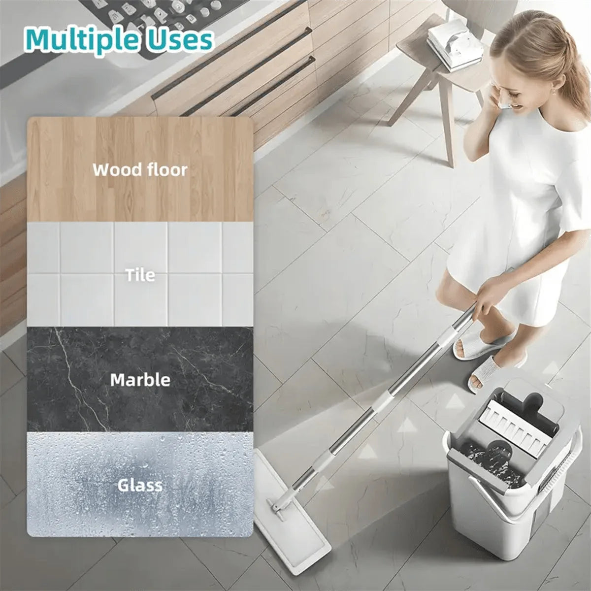 Adjustable Household Cleaning Mop Set with Hands Free Wringer and Three Washable Microfiber Pads