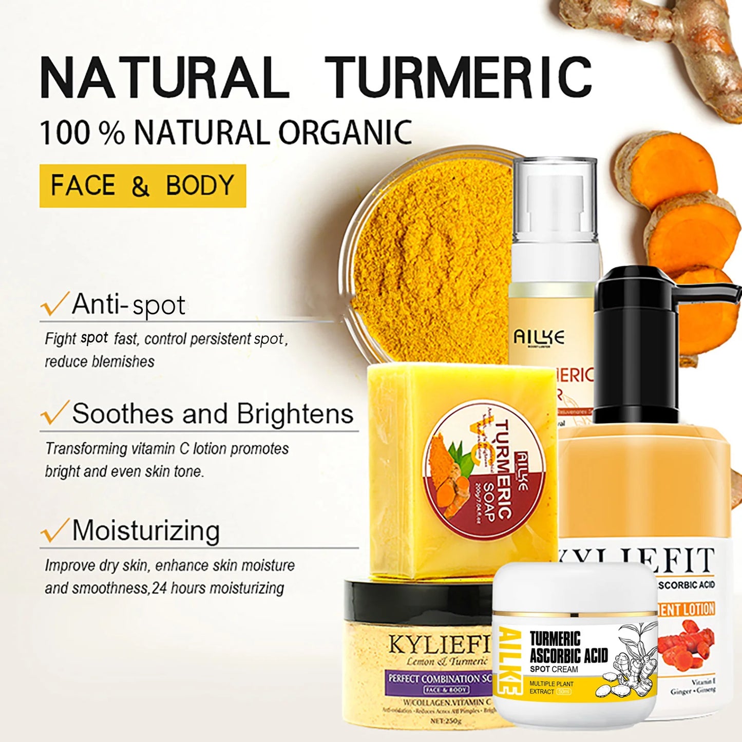 Ailke Organic Turmeric Skin Care Set for Acne Reduction Skin Cleansing Exfoliation Whitening Even Skin Tone and Dry Skin Improvement