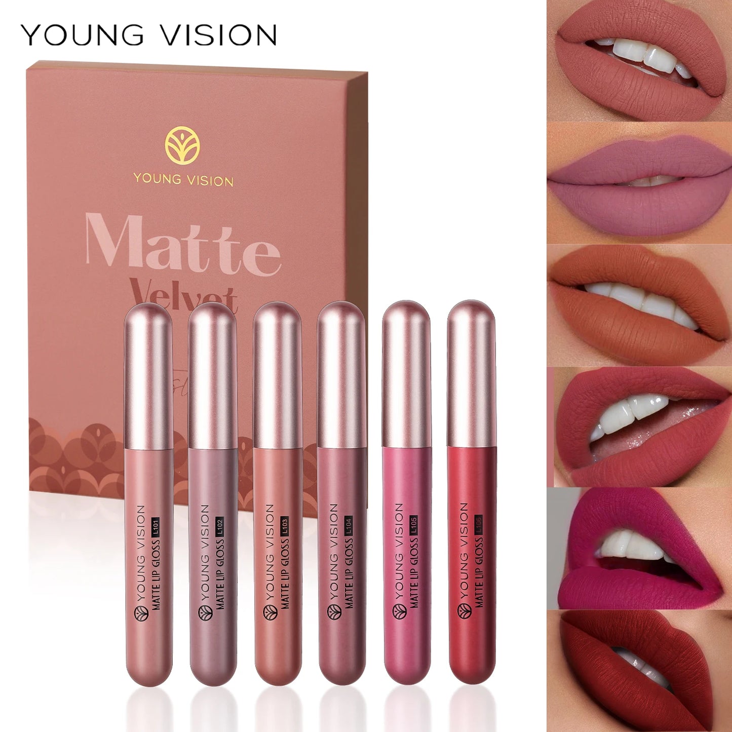 Young Vision 6 Matte Velvet Liquid Lipstick Set Waterproof Nude Color Easy to Apply Lip Gloss Set