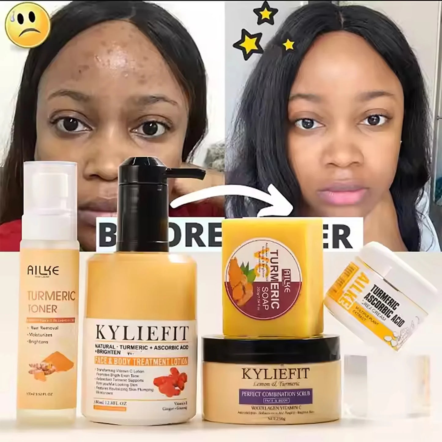 Ailke Organic Turmeric Skin Care Set for Acne Reduction Skin Cleansing Exfoliation Whitening Even Skin Tone and Dry Skin Improvement